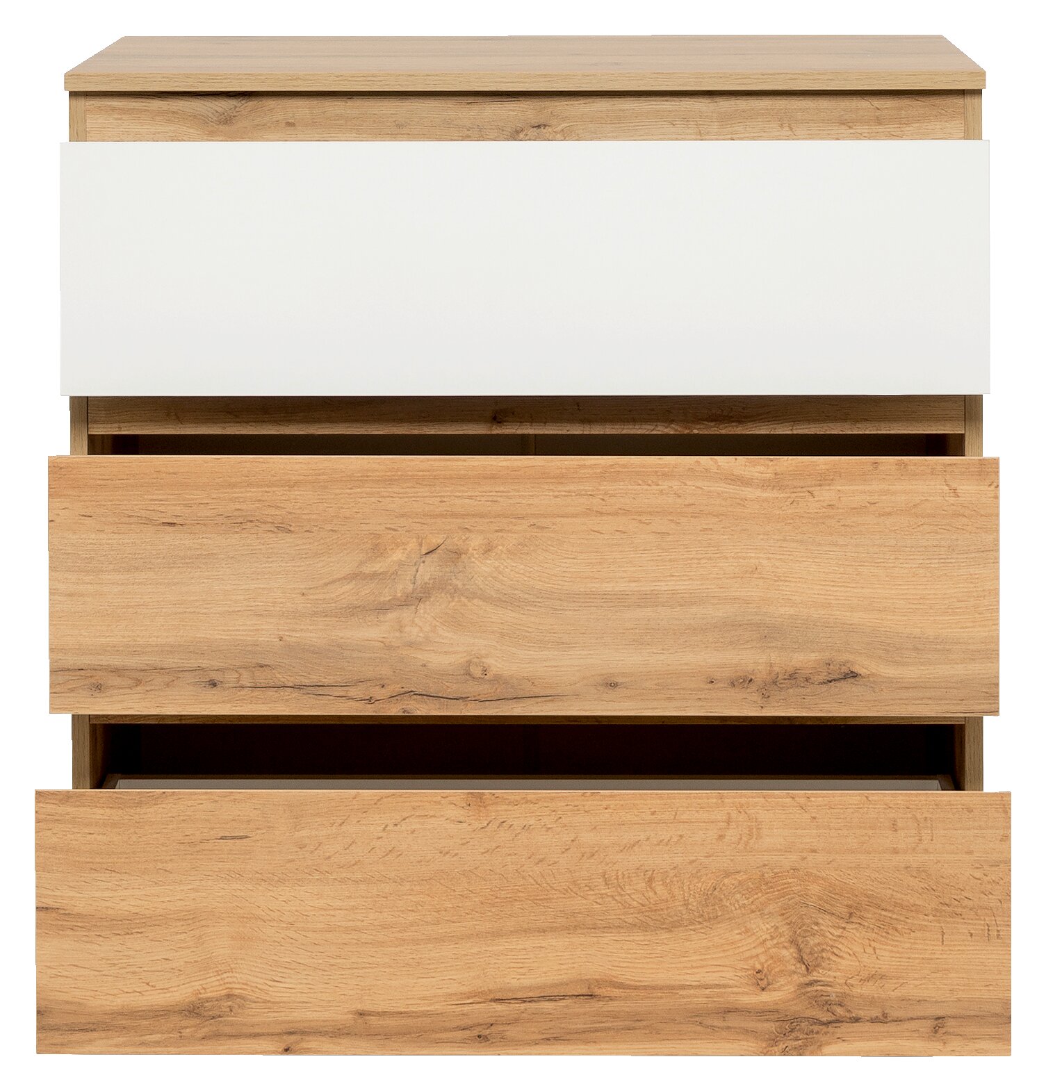 Kommode aus Holz mit drei Schubladen, davon eine in Weiß, aus der Frontalperspektive.