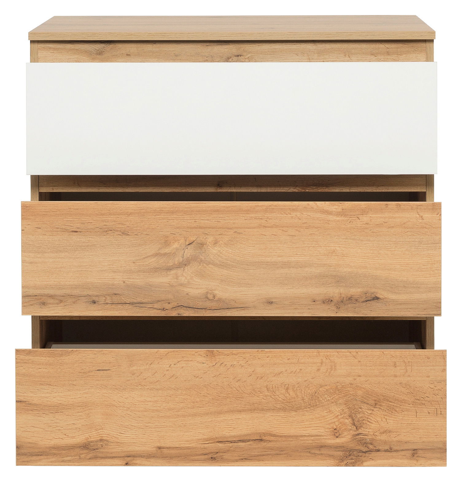 Kommode aus Holz mit drei Schubladen, davon eine in Weiß, aus der Frontalperspektive.