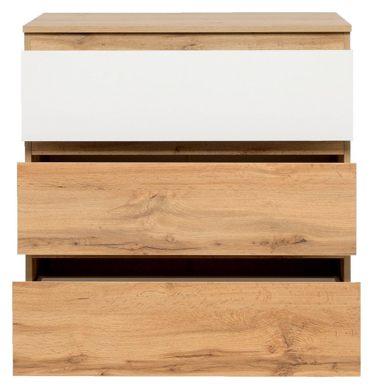 Kommode aus Holz mit drei Schubladen, davon eine in Weiß, aus der Frontalperspektive.