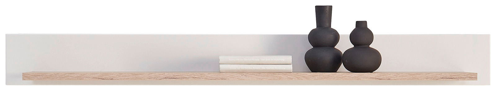 Modernes Wandboard in Holzoptik mit zwei schwarzen Vasen und zwei weißen Büchern, frontal betrachtet.