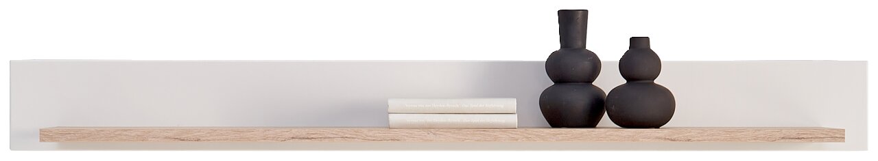Moderne wandplank in houtlook met twee zwarte vazen en twee witte boeken, gezien vanaf de voorkant.