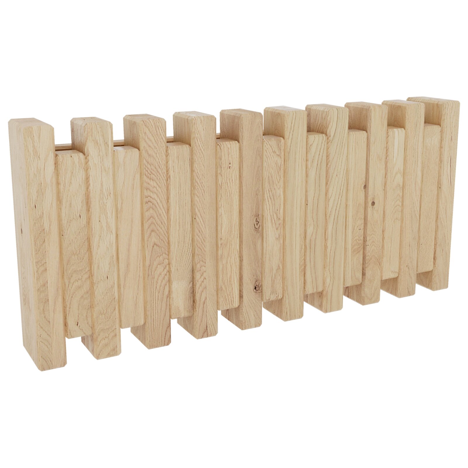 Linea Natura Garderobenleiste STUDIO LINE Holz-Staketenzaun-Element aus naturbelassenem Holz, freigestellt vor weißem Hintergrund, perspektivische Ansicht schräg von vorn (leicht von oben)