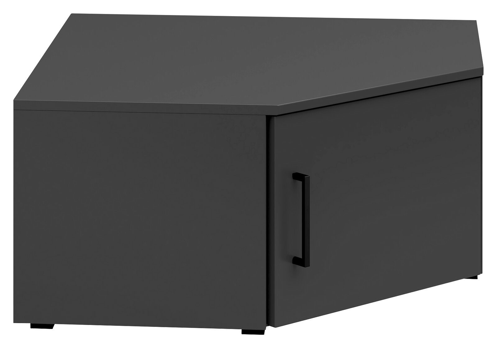 Dunkelgrauer Eckaufsatzschrank mit einer Tür und schwarzem Griff, seitliche Perspektive