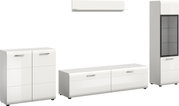 Modernes weißes Hochglanz-Wohnzimmermöbel-Set mit Sideboard, Lowboard, Wandboard und Vitrine mit Glastür, Frontansicht in leichter Schrägperspektive