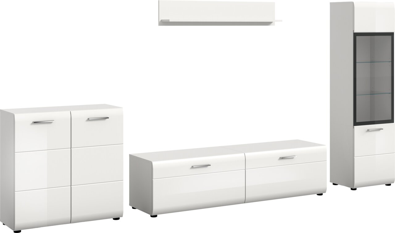 Modernes weißes Hochglanz-Wohnzimmermöbel-Set mit Sideboard, Lowboard, Wandboard und Vitrine mit Glastür, Frontansicht in leichter Schrägperspektive