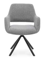 Grauer Armlehnstuhl mit schwarzem Metallgestell, Frontalansicht