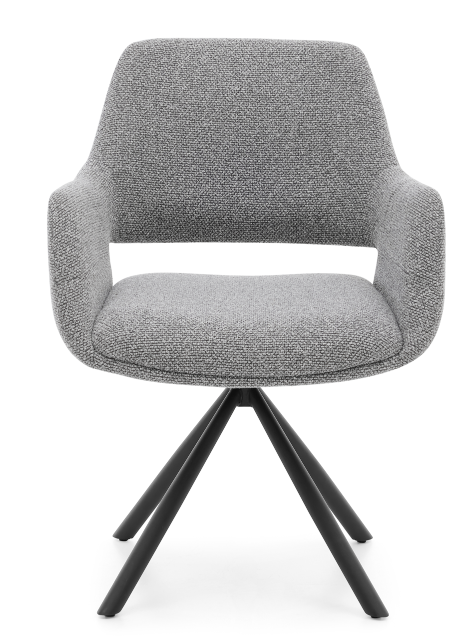 Grauer Armlehnstuhl mit schwarzem Metallgestell, Frontalansicht