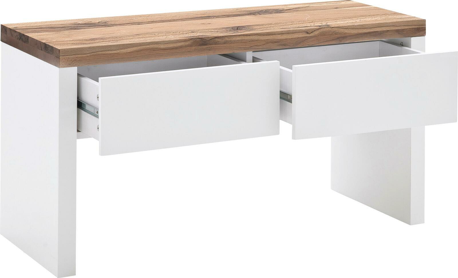 Bank mit weißem Korpus und Holzplatte, zwei offene Schubladen, seitliche Perspektive