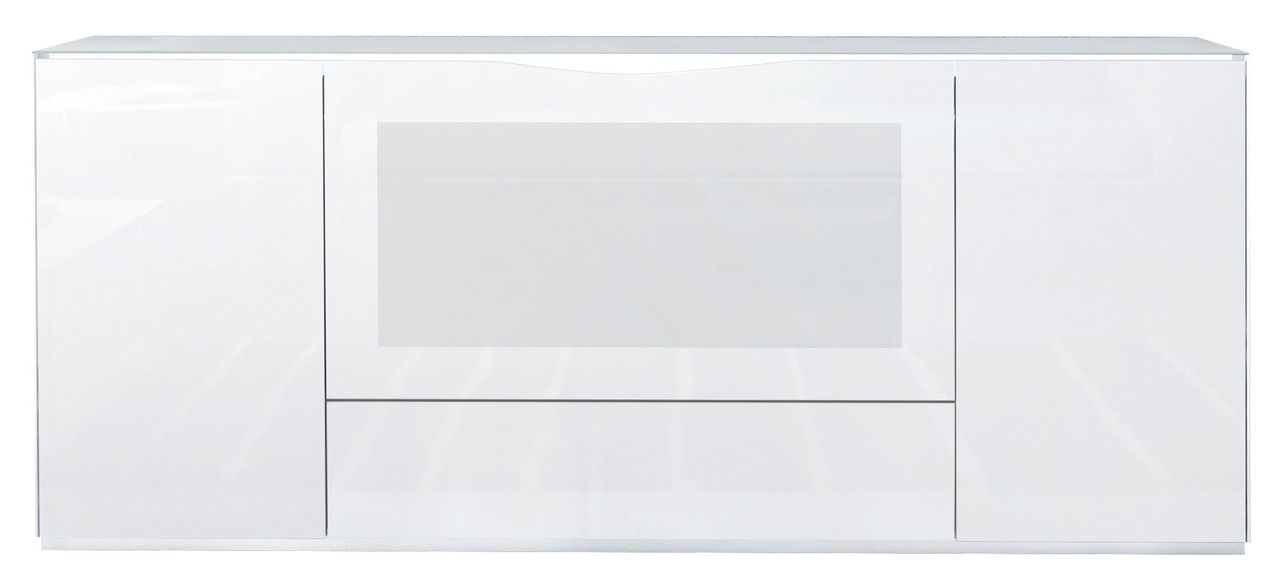 Weißes Sideboard mit modernem Design, frontal fotografiert.