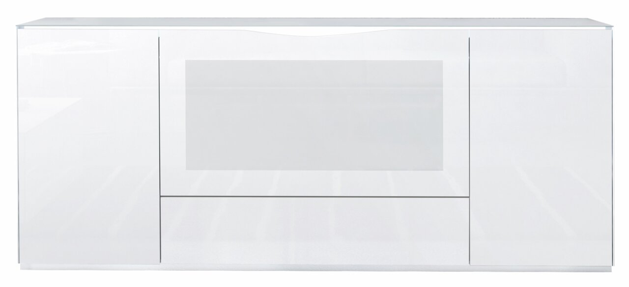 Weißes Sideboard mit modernem Design, frontal fotografiert.