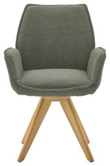 Grüner Armlehnstuhl mit Holzbeinen, Frontalansicht