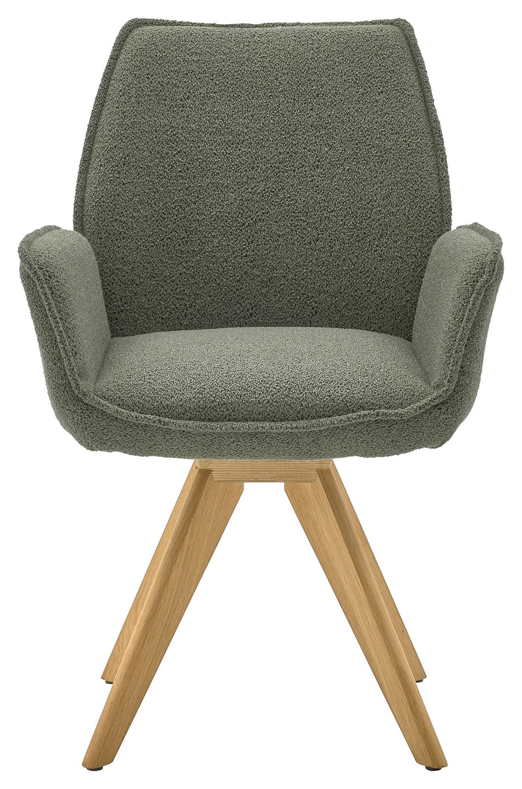 Grüner Armlehnstuhl mit Holzbeinen, Frontalansicht