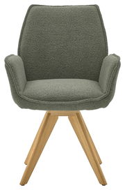 Grüner Armlehnstuhl mit Holzbeinen, Frontalansicht