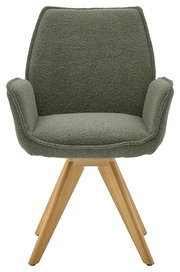 Grüner Armlehnstuhl mit Holzbeinen, Frontalansicht