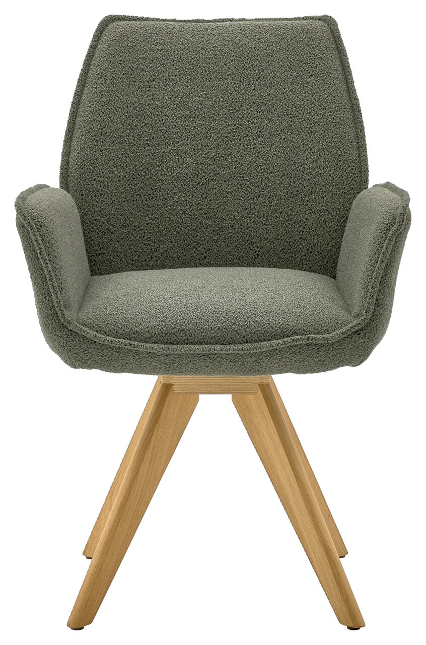 Grüner Armlehnstuhl mit Holzbeinen, Frontalansicht