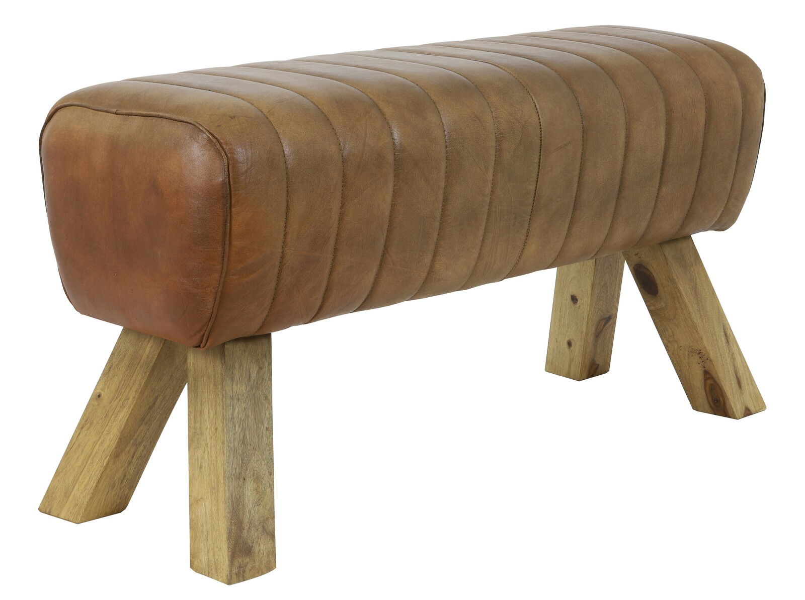 Bank aus braunem Leder mit Holzbeinen, seitliche Perspektive