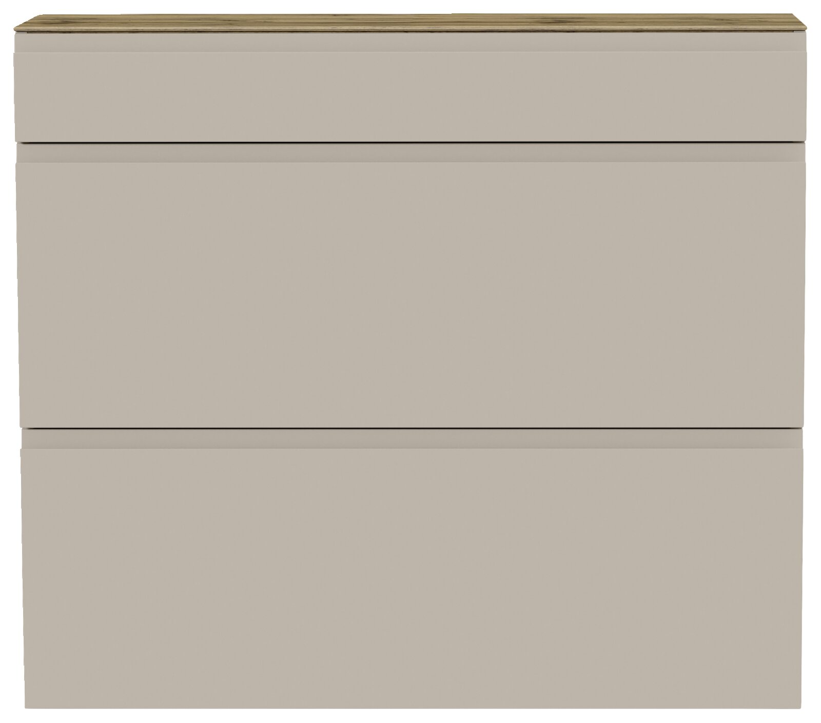 Moderne hangende schoenenkast in beige met houten afwerking, vooraanzicht