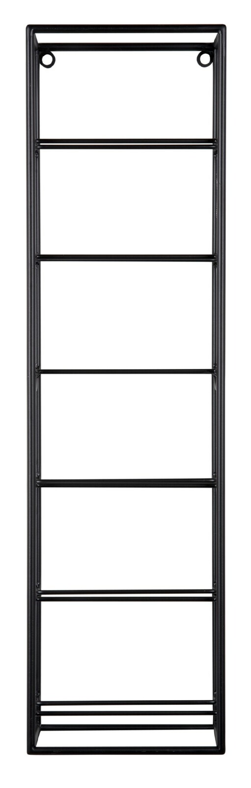 Schwarzes Weinregal aus Metall mit fünf Ebenen, frontale Ansicht.