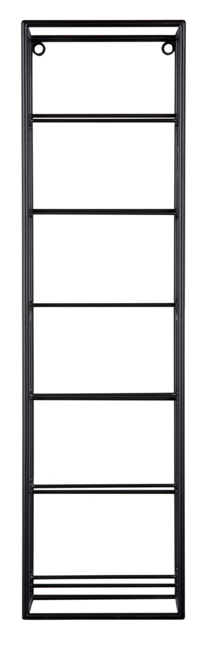 Schwarzes Weinregal aus Metall mit fünf Ebenen, frontale Ansicht.