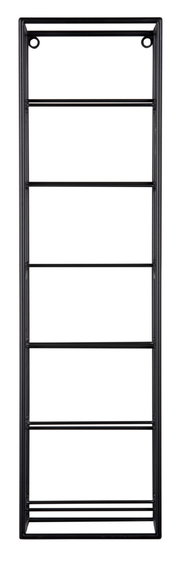 Schwarzes Weinregal aus Metall mit fünf Ebenen, frontale Ansicht.