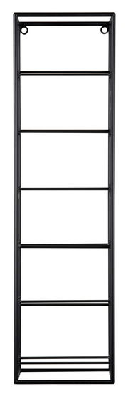 Schwarzes Weinregal aus Metall mit fünf Ebenen, frontale Ansicht.