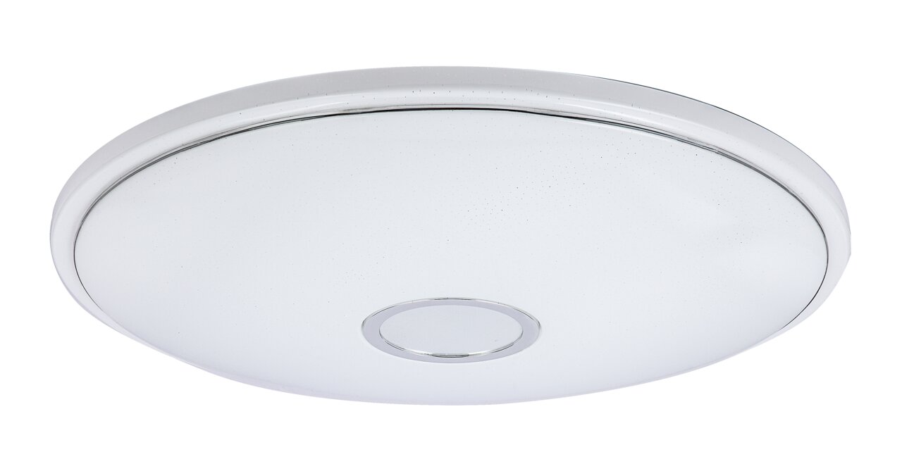 Runde Deckenleuchte in Weiß mit silbernem Rand, von unten betrachtet.