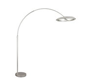 Moderne LED-Bogenleuchte in seitlicher Perspektive mit rundem Sockel und gebogenem Arm.