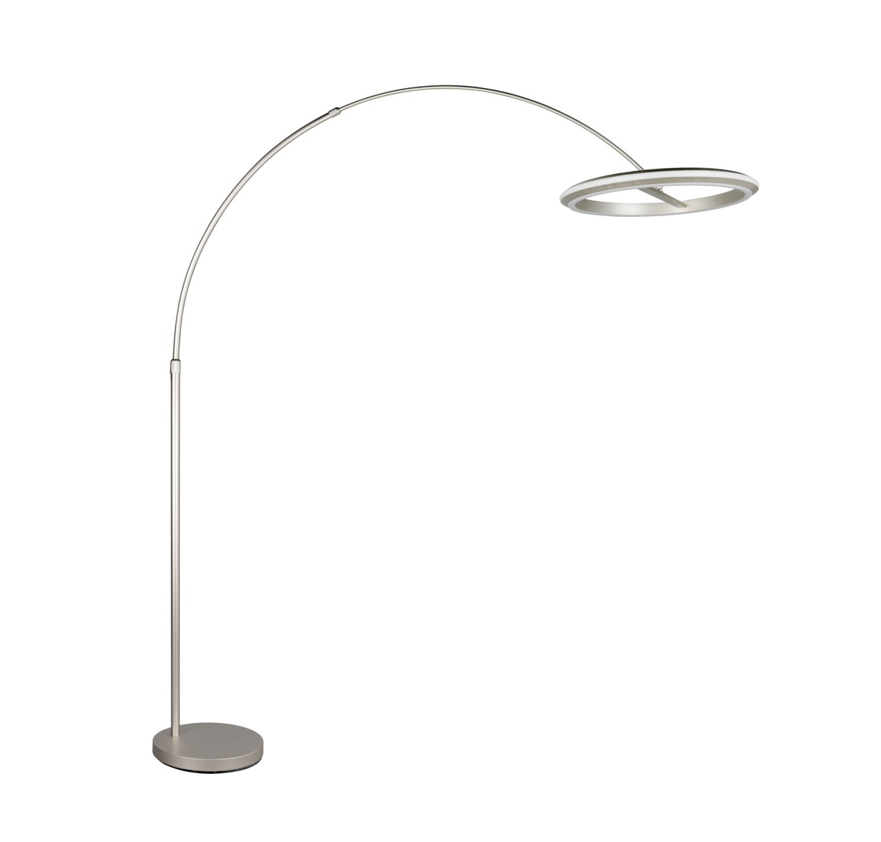 Moderne LED-Bogenleuchte in seitlicher Perspektive mit rundem Sockel und gebogenem Arm.