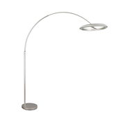 Moderne LED-Bogenleuchte in seitlicher Perspektive mit rundem Sockel und gebogenem Arm.
