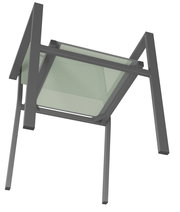 Unteransicht eines Stapelsessels mit grauem Metallrahmen und grünlicher Sitzfläche.
