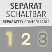 Grafik mit der Aufschrift 'SEPARAT SCHALTBAR' und den Zahlen 1, 2, 3, die separat steuerbar sind. Ansicht von vorne.