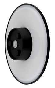 LED-Außenwandleuchte in seitlicher Perspektive mit rundem, modernem Design und schwarzem Gehäuse.