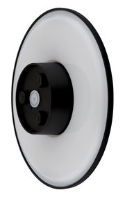 LED-Außenwandleuchte in seitlicher Perspektive mit rundem, modernem Design und schwarzem Gehäuse.