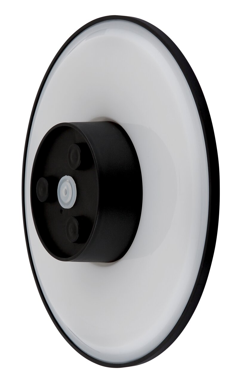 LED-Außenwandleuchte in seitlicher Perspektive mit rundem, modernem Design und schwarzem Gehäuse.