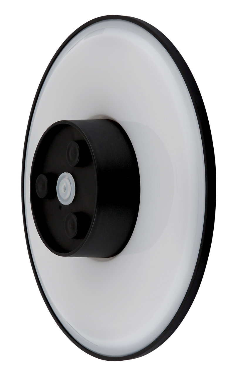 LED-Außenwandleuchte in seitlicher Perspektive mit rundem, modernem Design und schwarzem Gehäuse.