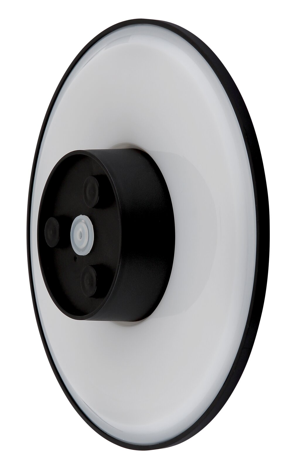 LED-Außenwandleuchte in seitlicher Perspektive mit rundem, modernem Design und schwarzem Gehäuse.