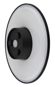 LED-Außenwandleuchte in seitlicher Perspektive mit rundem, modernem Design und schwarzem Gehäuse.