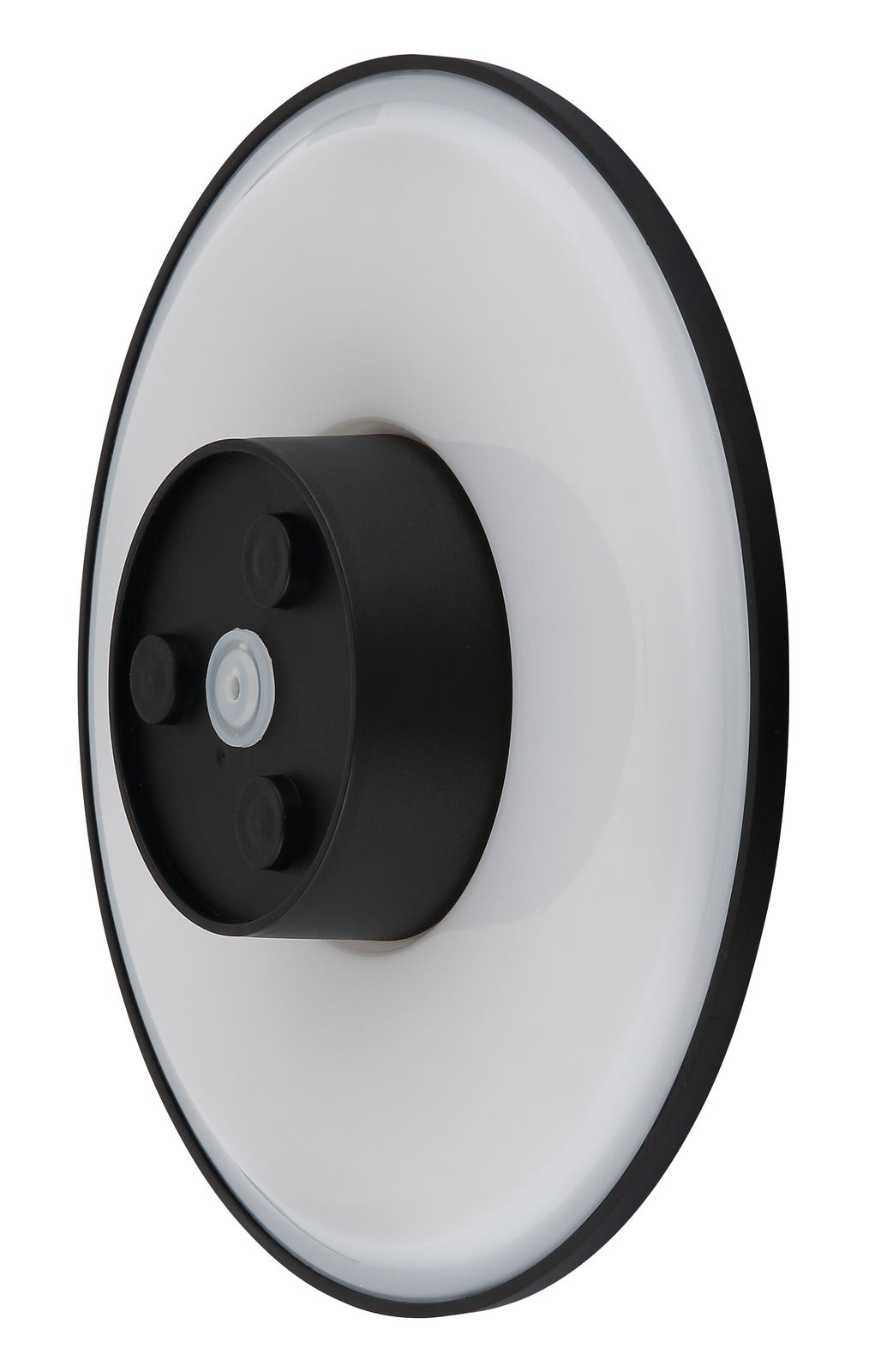 LED-Außenwandleuchte in seitlicher Perspektive mit rundem, modernem Design und schwarzem Gehäuse.