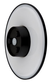 LED-buitenwandlamp in zijaanzicht met een rond, modern ontwerp en een zwarte behuizing.