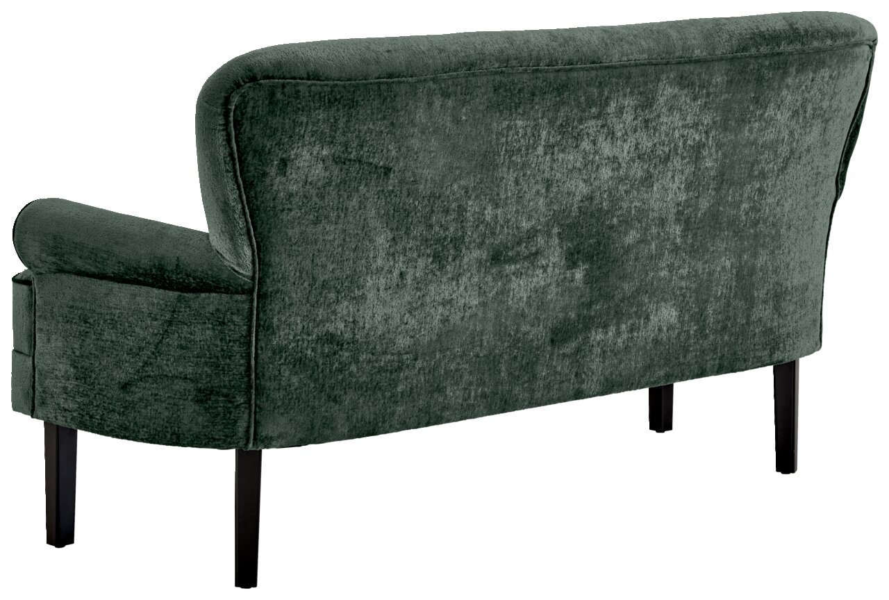 Rückansicht einer grünen Sitzbank mit Samtbezug und schwarzen Beinen