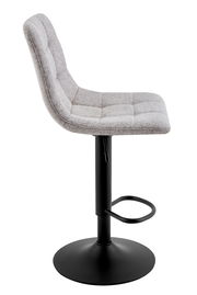 Moderner Barhocker mit grauem Stoffbezug und schwarzem Metallfuß, seitliche Perspektive