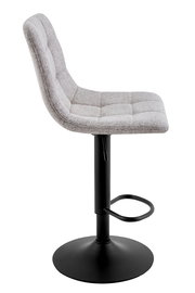 Moderner Barhocker mit grauem Stoffbezug und schwarzem Metallfuß, seitliche Perspektive