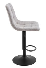 Moderner Barhocker mit grauem Stoffbezug und schwarzem Metallfuß, seitliche Perspektive