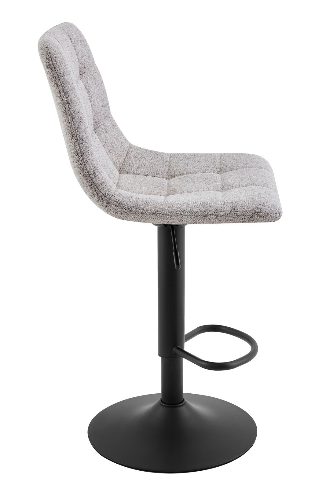 Moderner Barhocker mit grauem Stoffbezug und schwarzem Metallfuß, seitliche Perspektive
