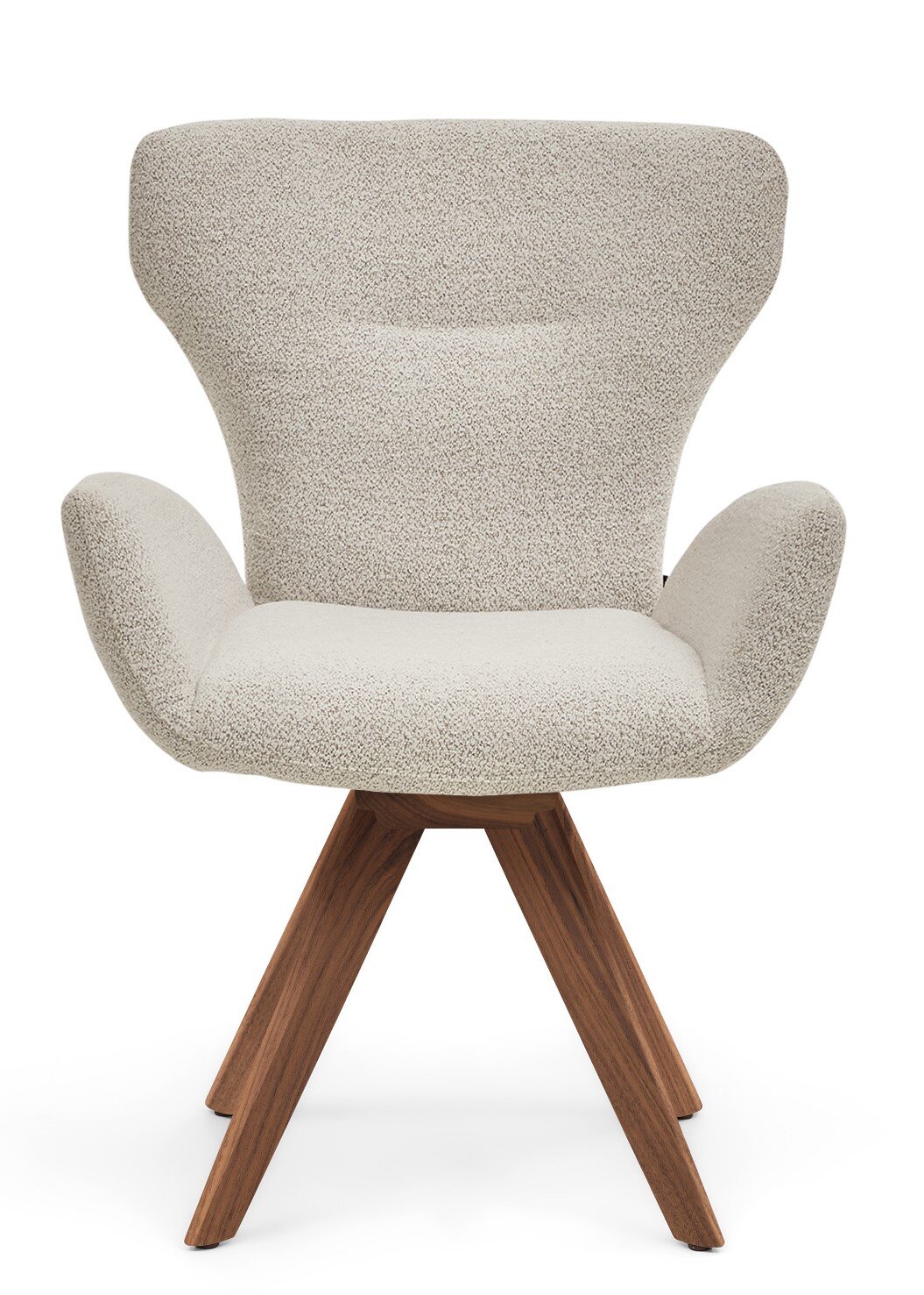 Moderne fauteuil met lichtgrijze stoffen bekleding en houten poten, vooraanzicht