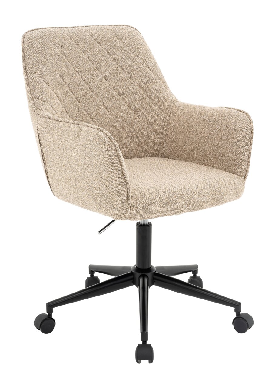 XORA Drehstuhl MARTHA Beiger Drehstuhl mit gepolstertem Sitz und Rückenlehne, schwarzem Fußkreuz und Rollen, seitliche Perspektive.