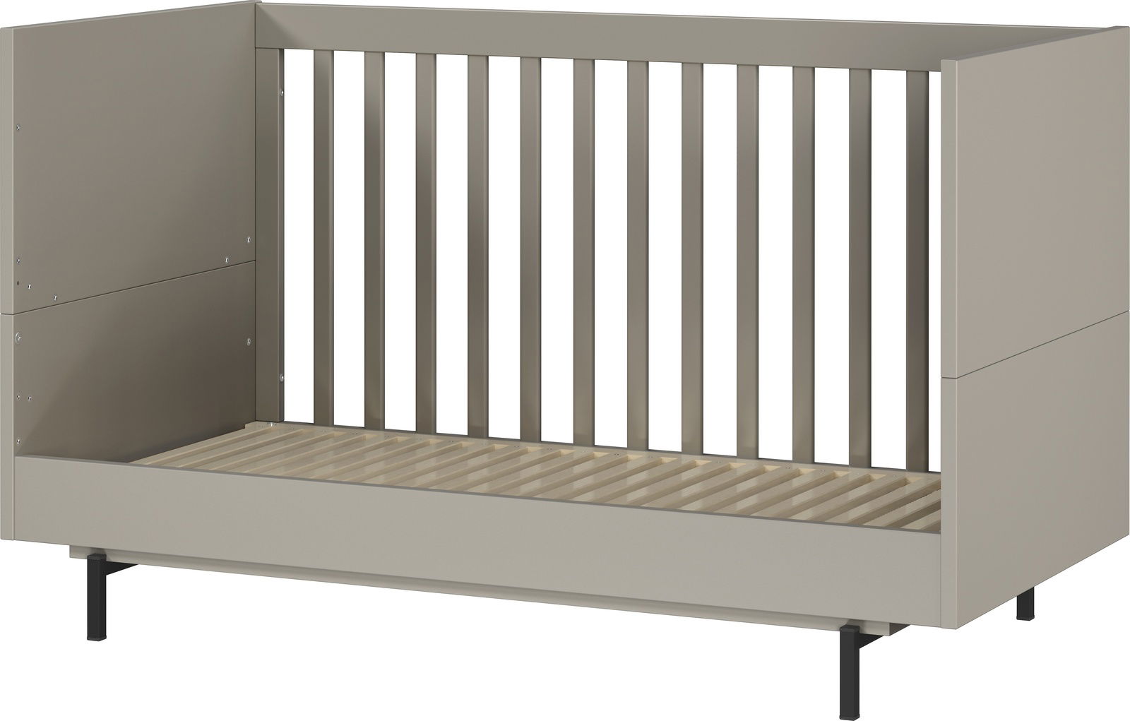 Modernes Babybett in neutralem Grau mit Gitterstäben, seitliche Perspektive