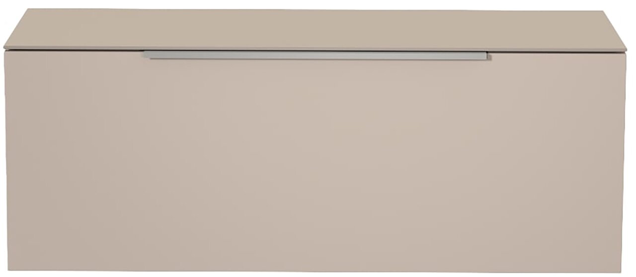 Frontansicht eines modernen, beige-farbenen Hänge-Lowboards mit schlichtem Design und horizontalem Griff.