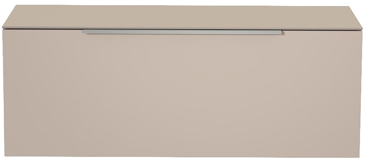 Frontansicht eines modernen, beige-farbenen Hänge-Lowboards mit schlichtem Design und horizontalem Griff.