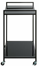Moderner schwarzer Beistellwagen mit zwei Ebenen und Rollen, Frontalansicht.